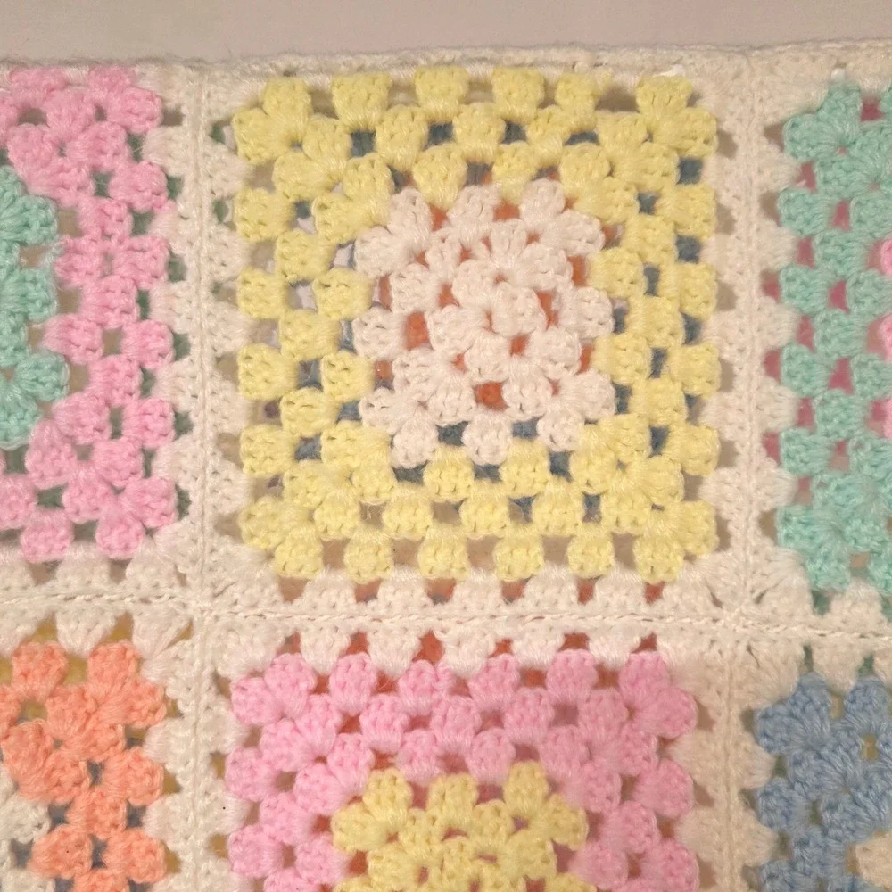 Handmade Bright Multi Color Crochet Granny Square Baby‎ Blanket Fringed Afghan
